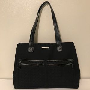Nine West Large Black Canvas & Faux Leather Tote Organizer Purse Travel Bag